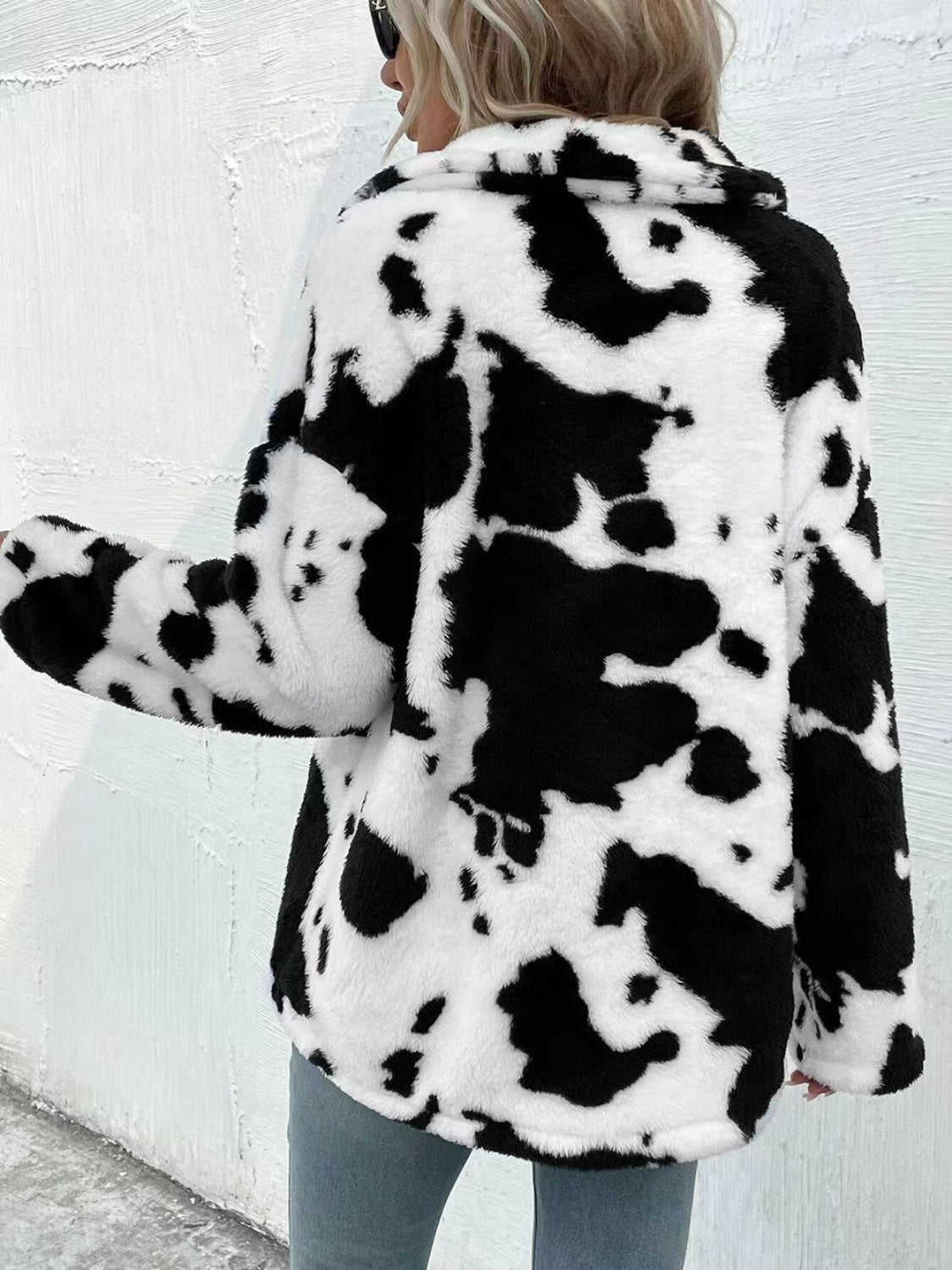 Cow Print Collared Neck Button Up Fuzzy Jacket – Charming Charlie