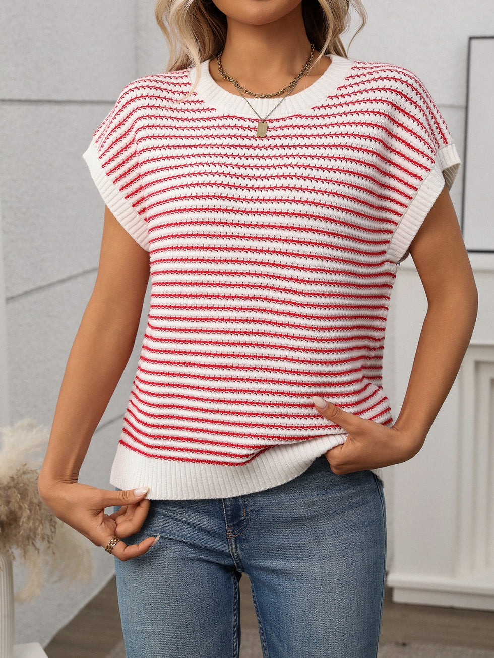 Striped Round Neck Short Sleeve Top and Shorts Set main image 1