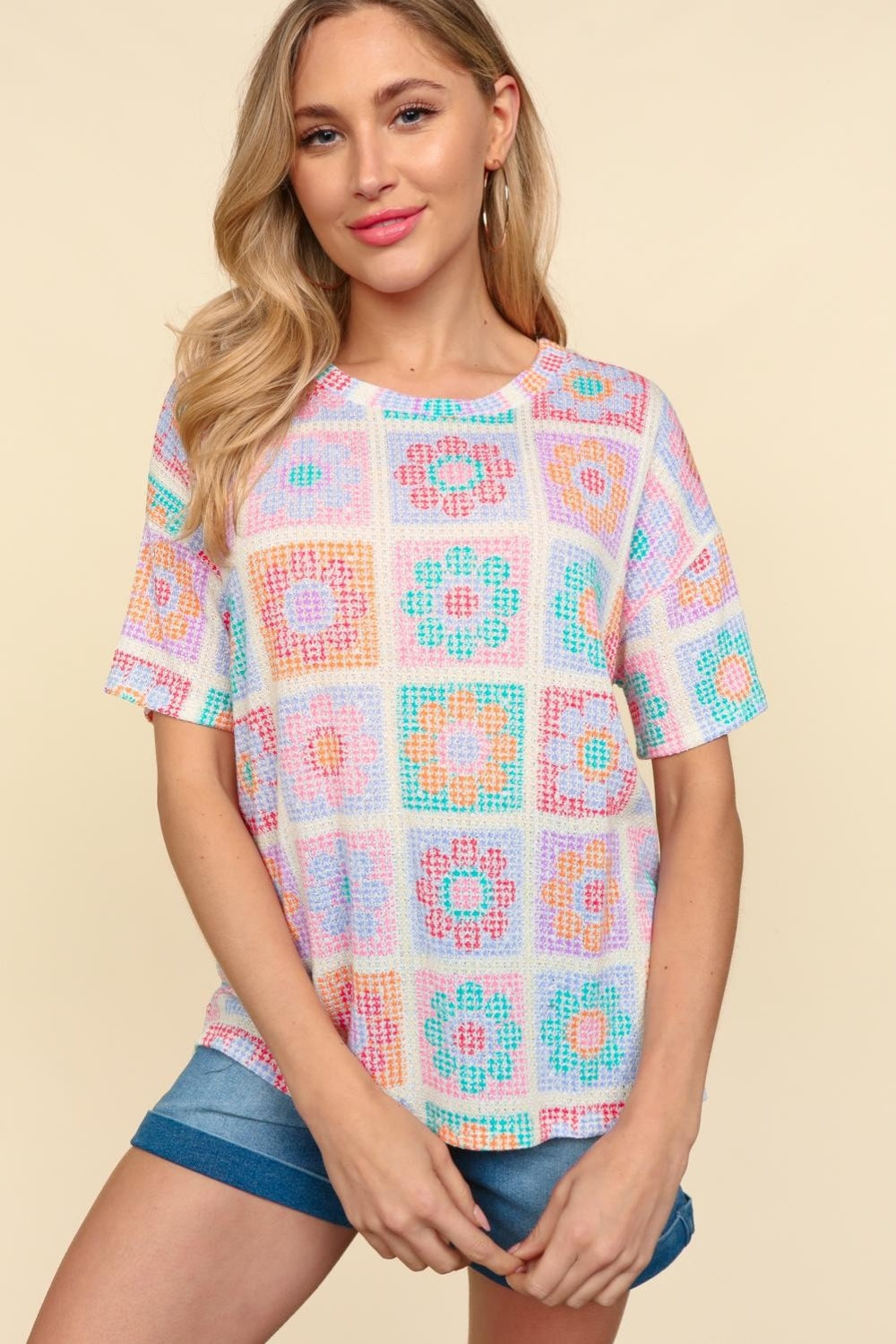 Haptics Flower Print Round Neck Short Sleeve T-Shirt - Charming Charlie