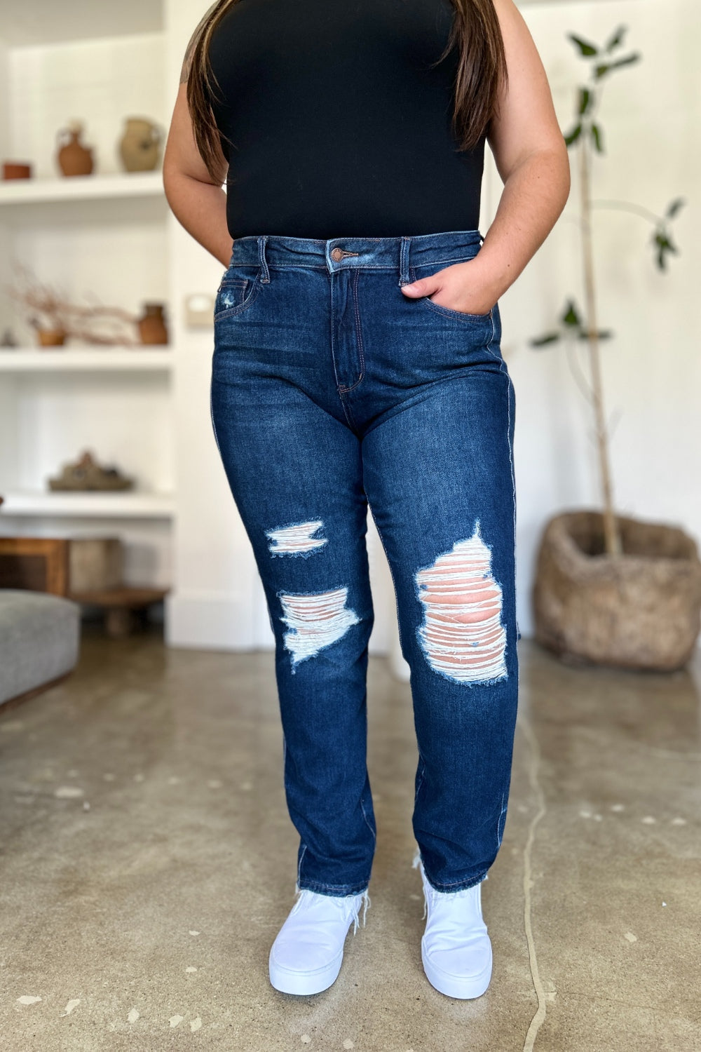 Judy Blue Full Size High Waist Rigid Magic Heavy Destroy Straight Jeans - Charming Charlie