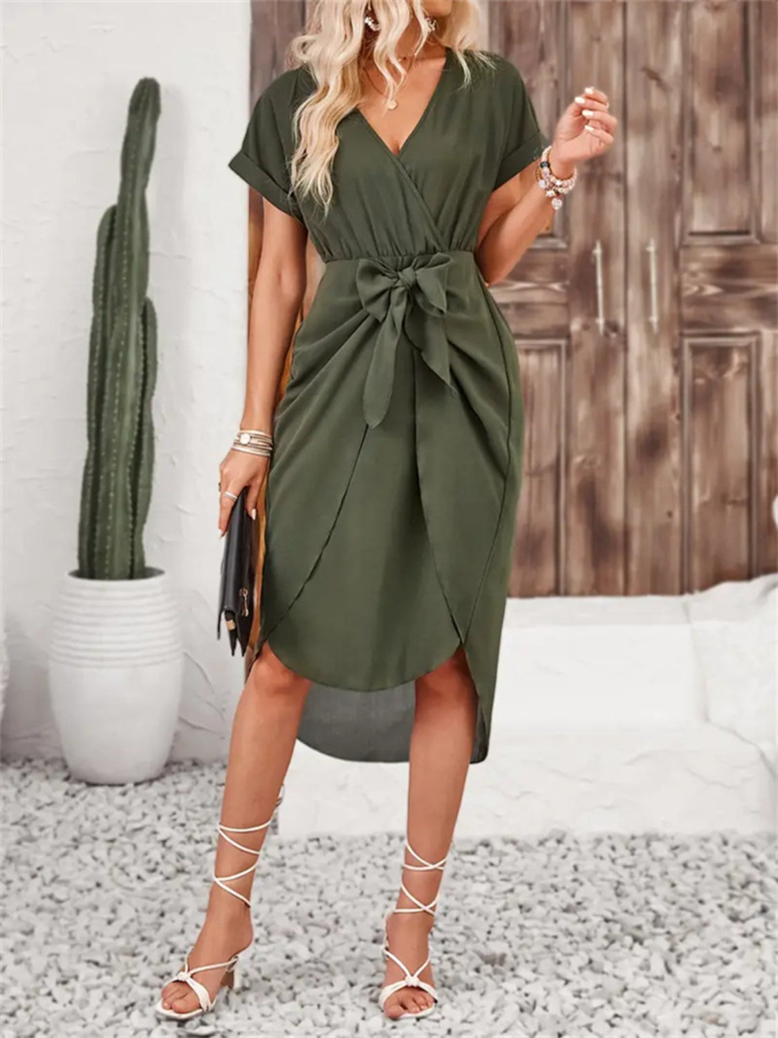 Tied Surplice Short Sleeve Dress Army Green / S Tied Surplice Short Sleeve Dress Army Green / S