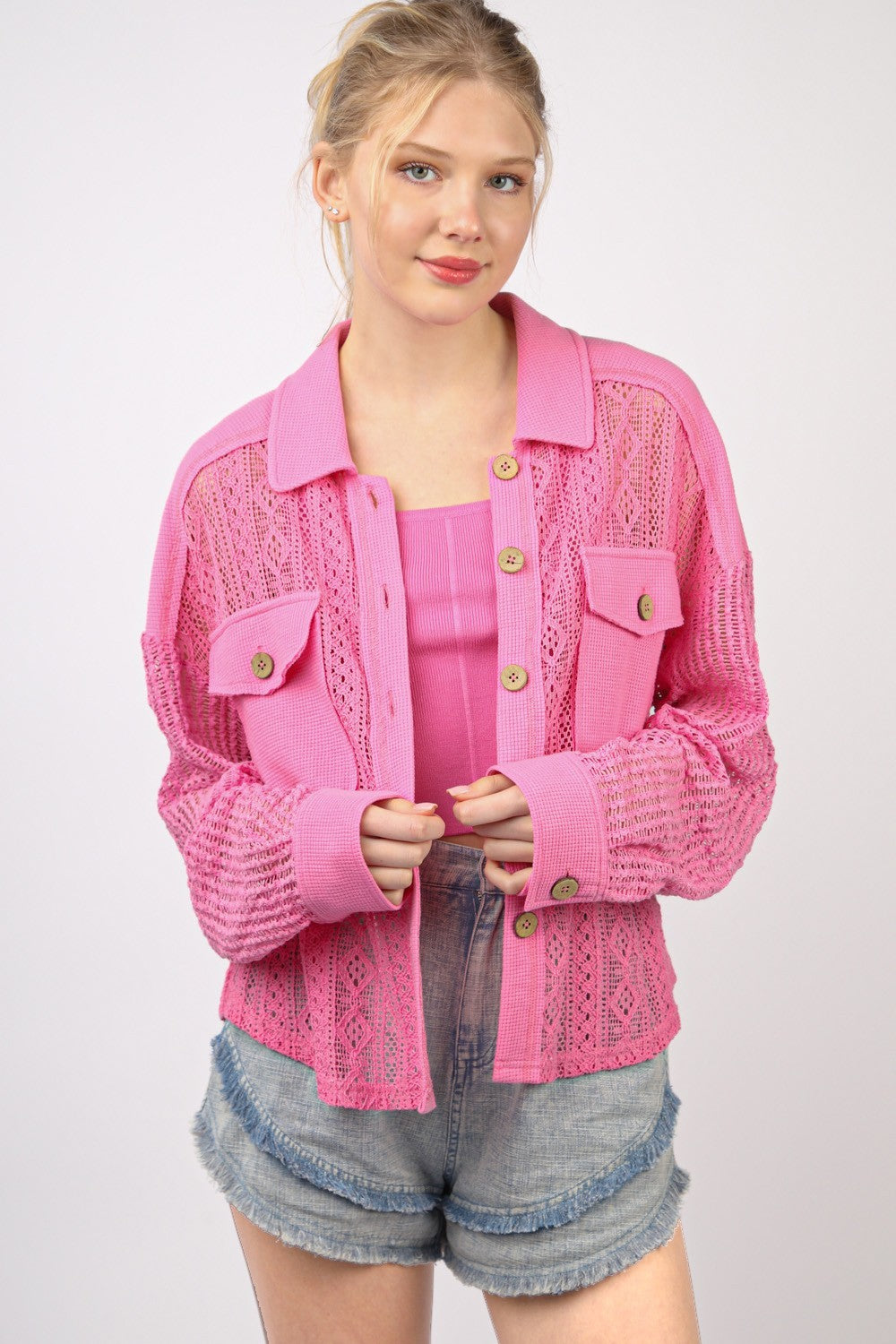VERY J Button Up Long Sleeve Lace Shirt - Charming Charlie