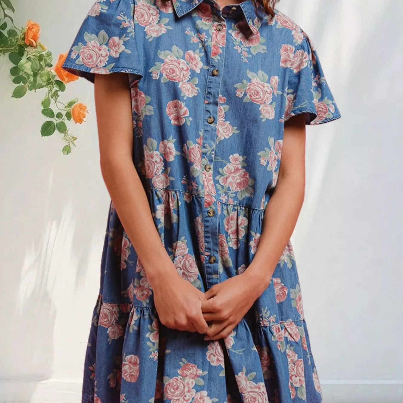 Floral Print Denim Button-Down Tiered Mini Dress Medium / L