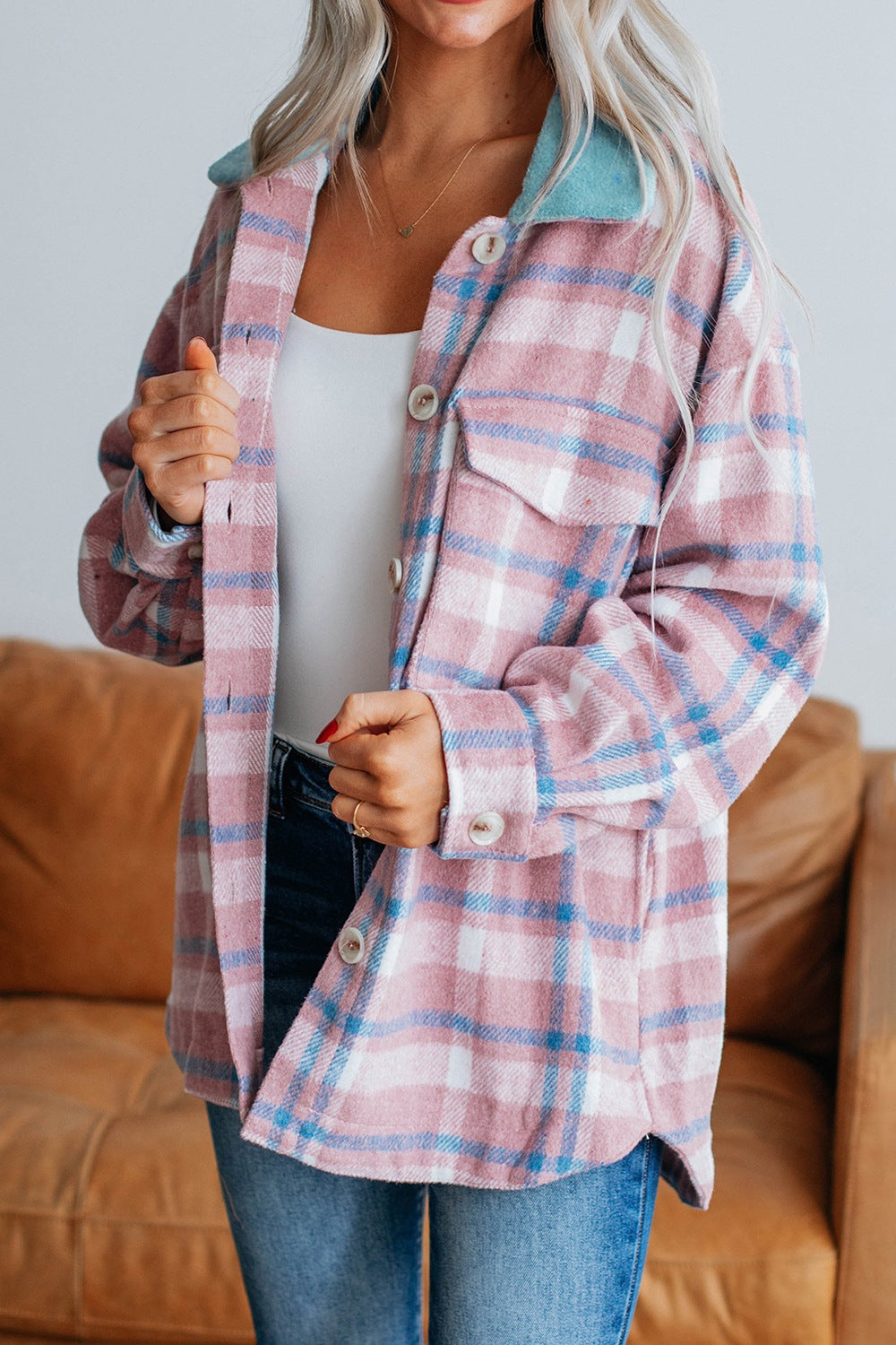 Plaid Collared Neck Flap Pockets Shacket - Charming Charlie