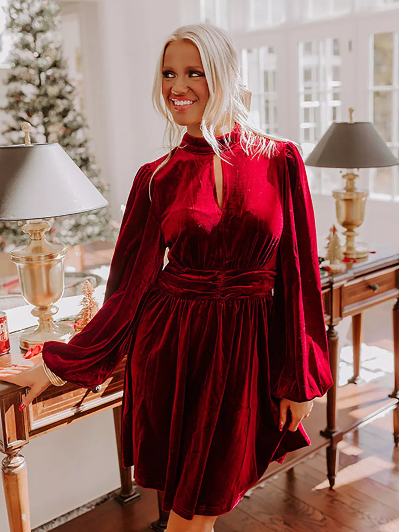 Velvet Mock Neck Balloon Sleeve Dress Burgundy / S