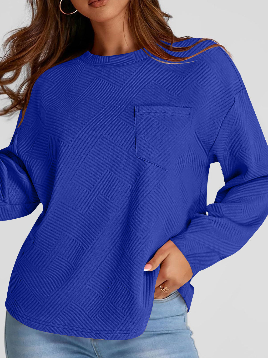 Full Size Texture Round Neck Long Sleeve Sweatshirt - Charming Charlie