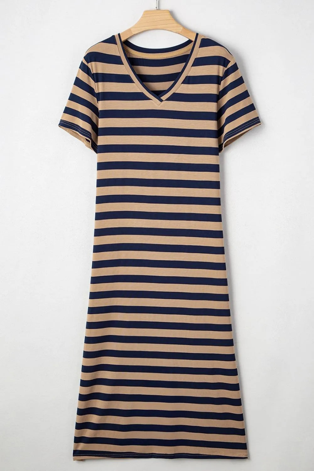 knee length dresses for ladies Casual Striped V-Neck Midi T-Shirt Dress Dark Gray / XL