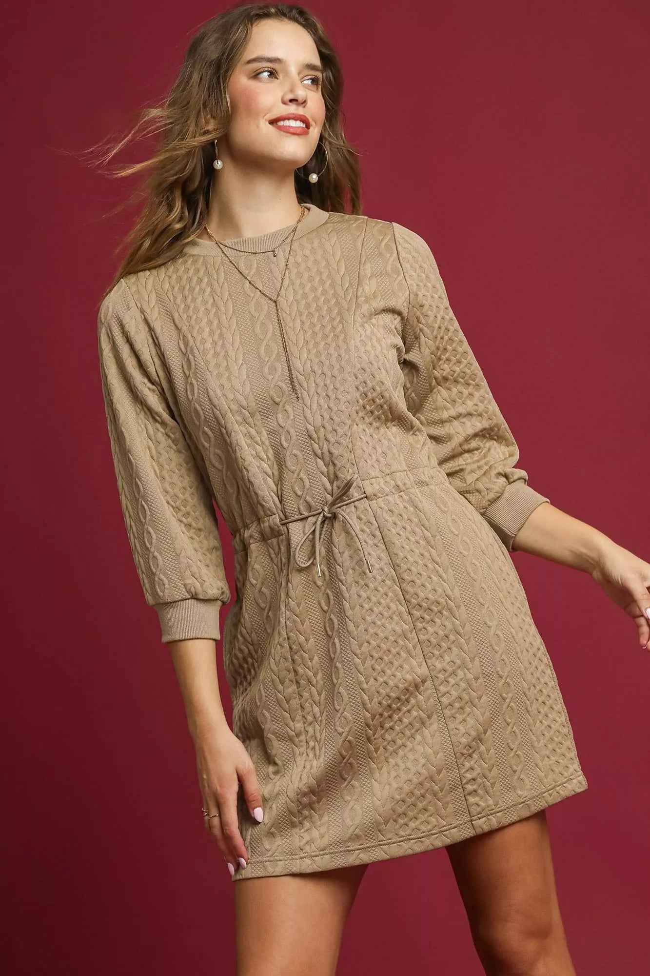 Umgee Drawstring Cable Knit Mini Dress with Pockets TAUPE / S