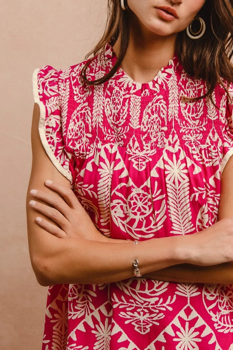BiBi Floral Printed Bubble Sleeves and Hem Peplum Top