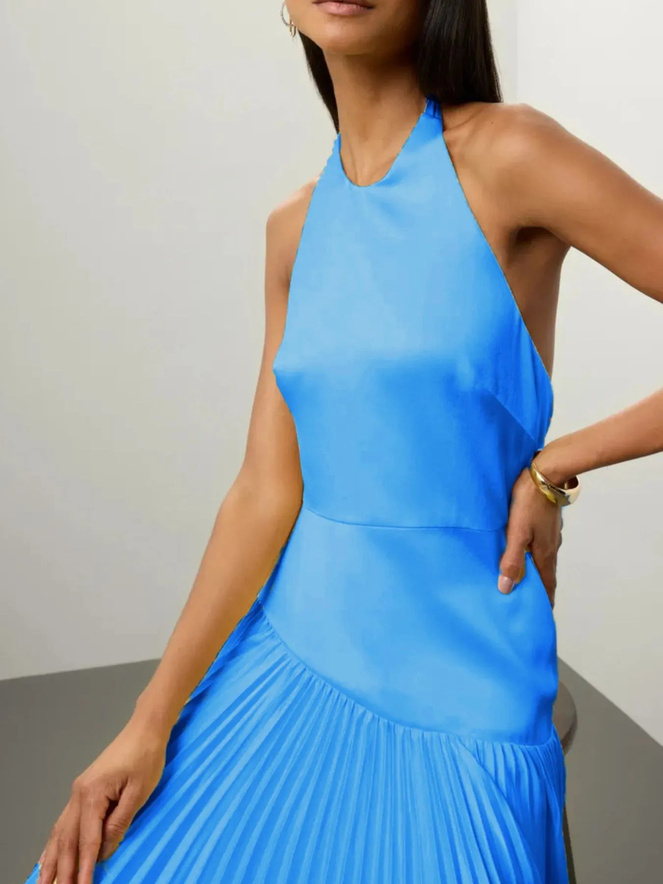 Pleated Halter Neck Maxi Dress - Sky Blue / XL Pleated Halter Neck Maxi Dress - Sky Blue / XL