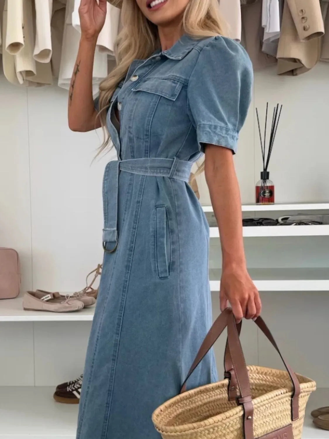 Puff Sleeve Button Down Belted Denim Midi Dress Charming Charlie Puff Sleeve Button Down Belted Denim Midi Dress Charming Charlie
