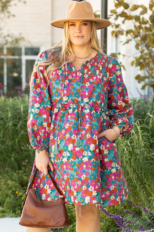 floral mini dress plus size Sky Blue Plus Size Floral Print Shirred Ruffle Tiered Mini Dress Sky Blue / 3X / 100%Cotton
