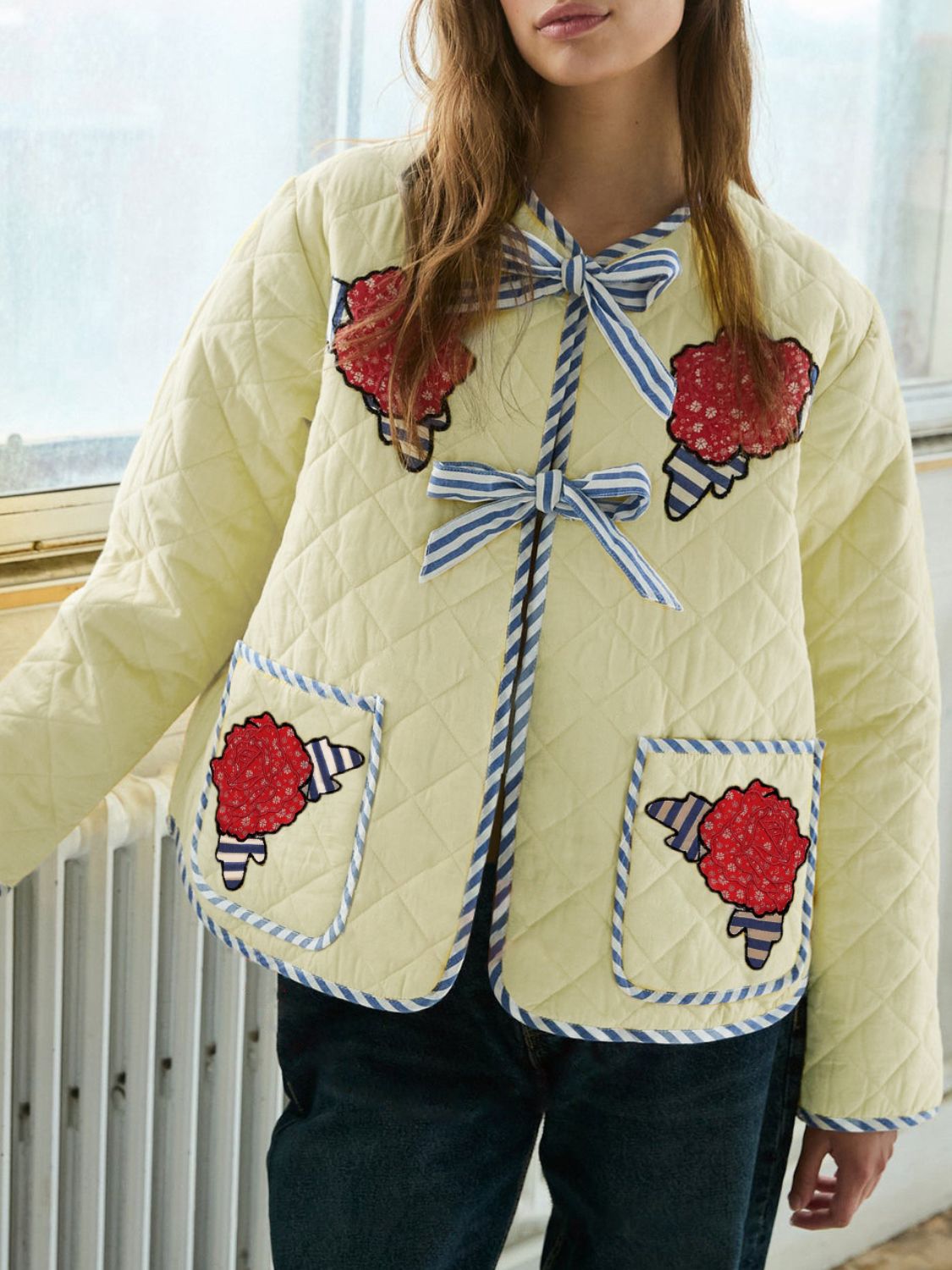 Embroidered Flower Tied Long Sleeve Winter Coat - Charming Charlie