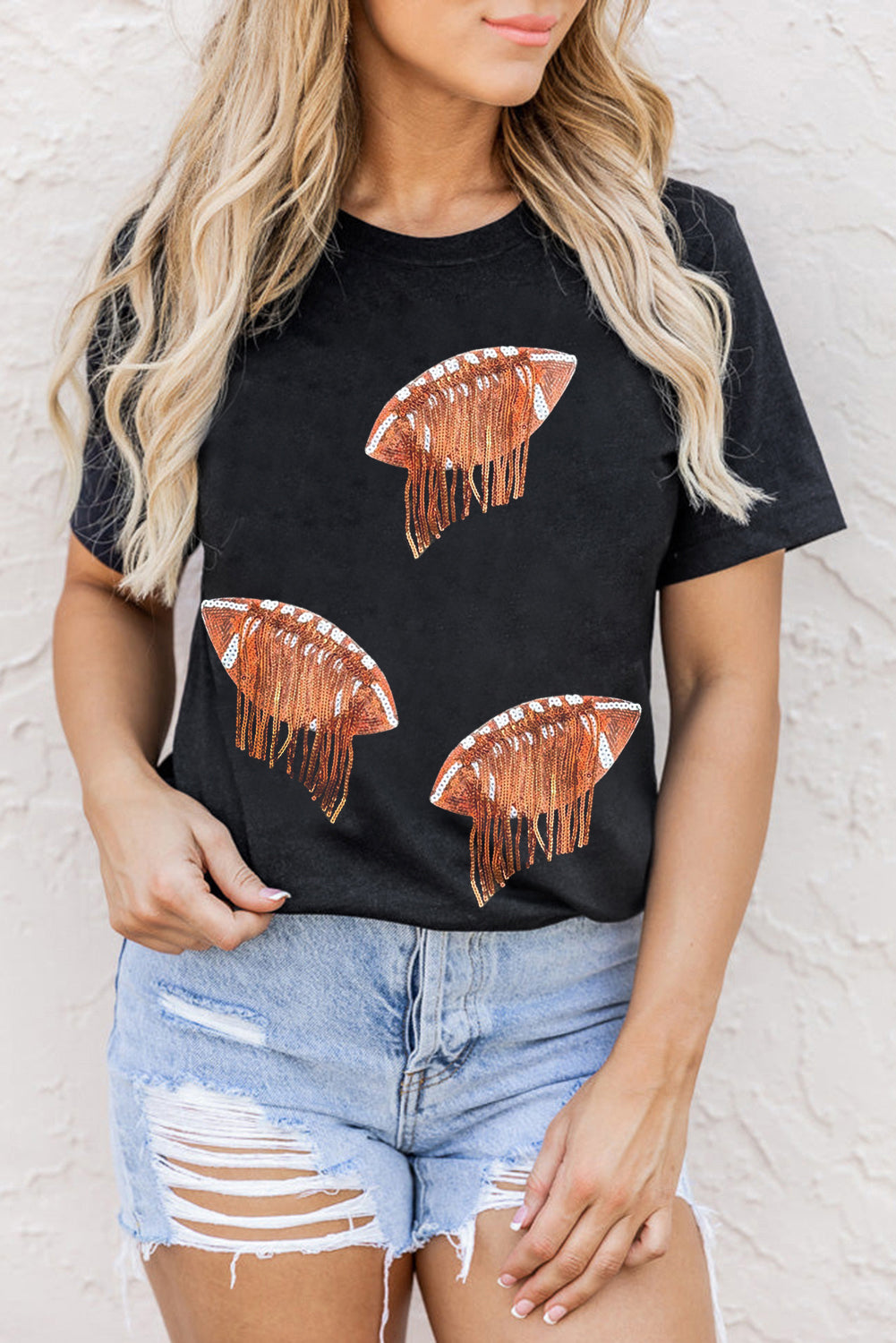 Sequin Football Round Neck Short Sleeve T-Shirt - Charming Charlie