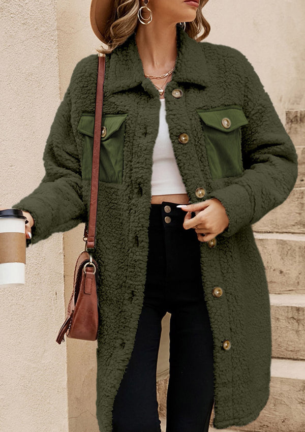 Collared Neck Long Sleeve Longline Teddy Jacket - Charming Charlie