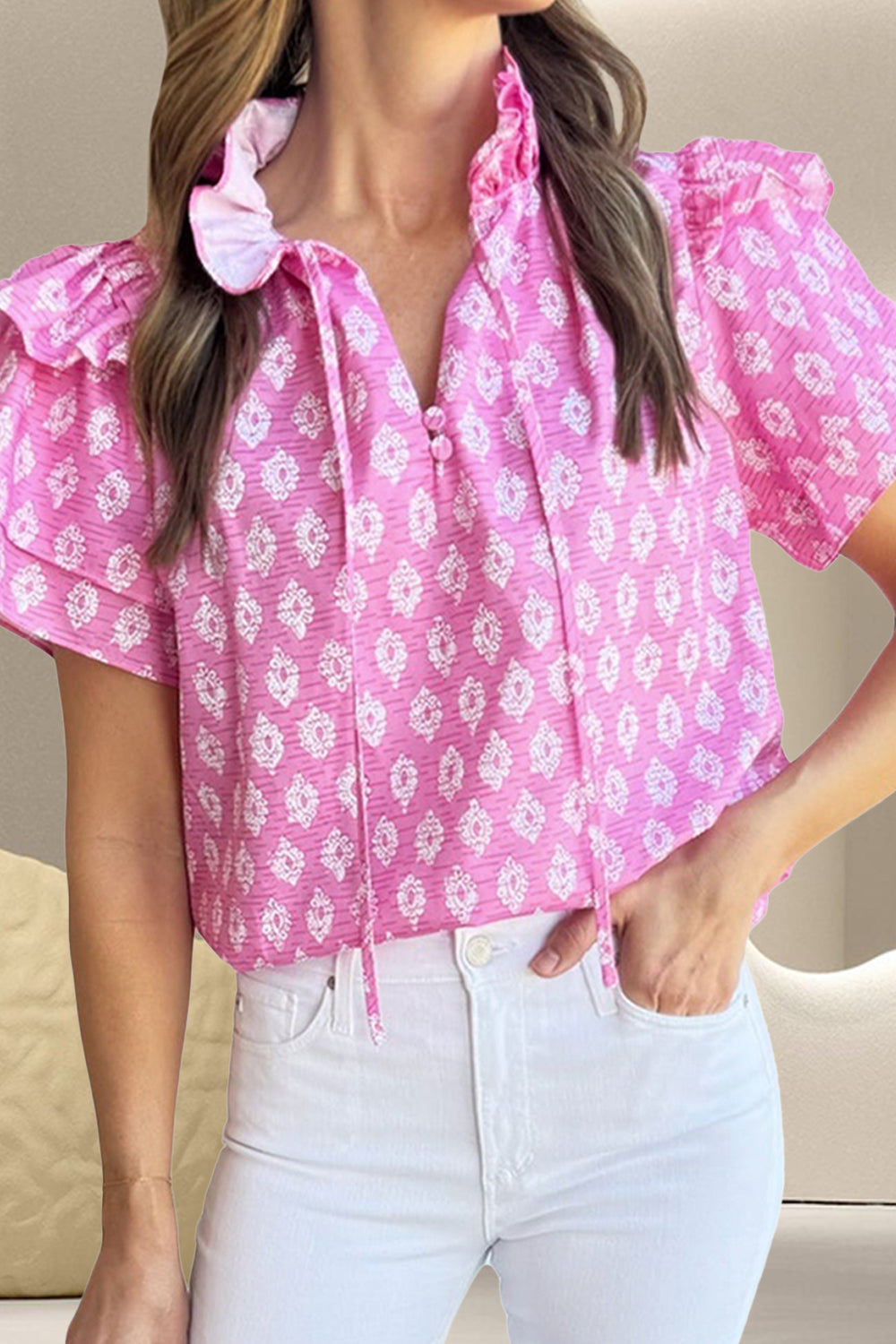 Ruffled Printed Tie Neck Short Sleeve Blouse - Charming Charlie