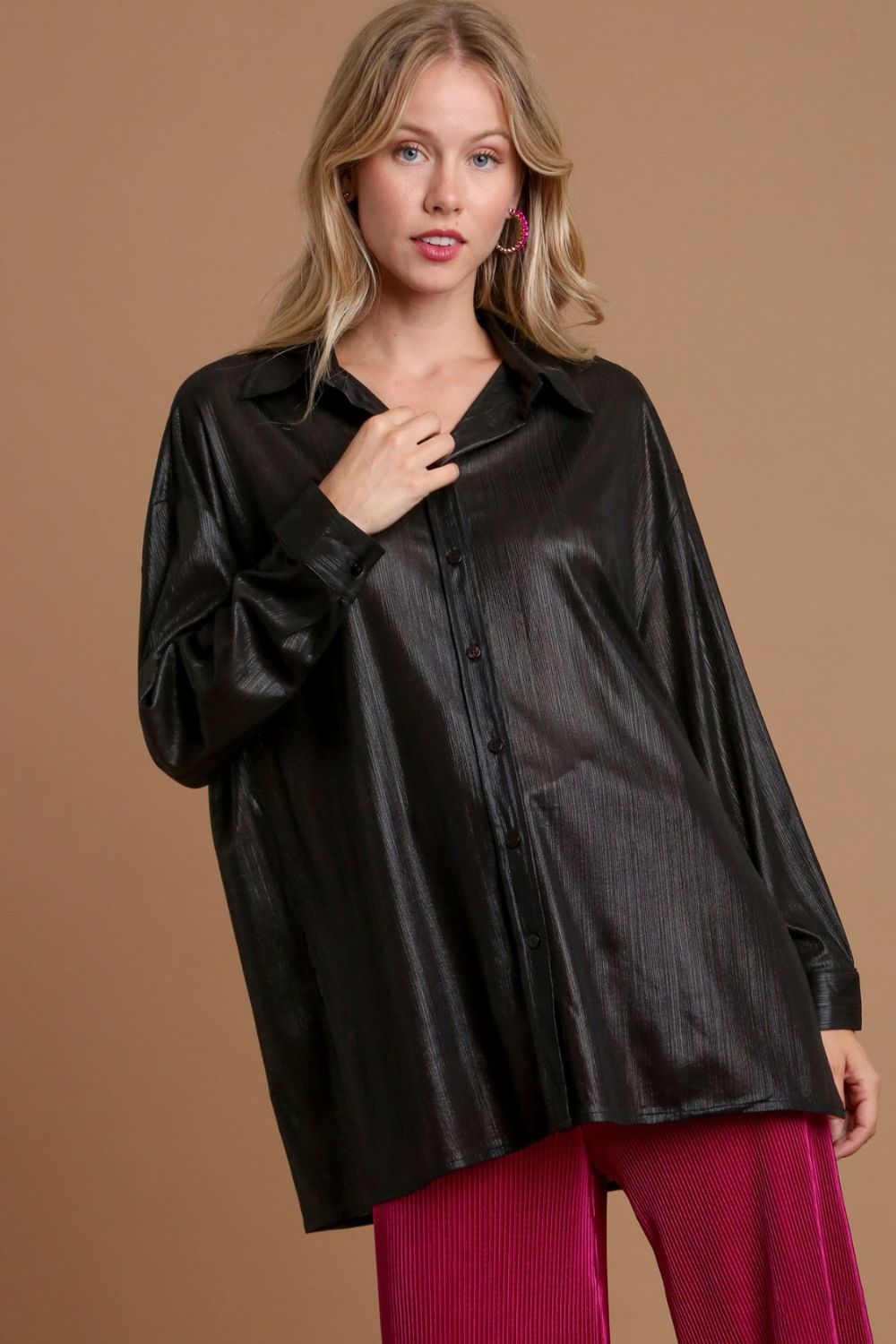Umgee Side Slit Button Up Long Sleeve Shirt - Charming Charlie