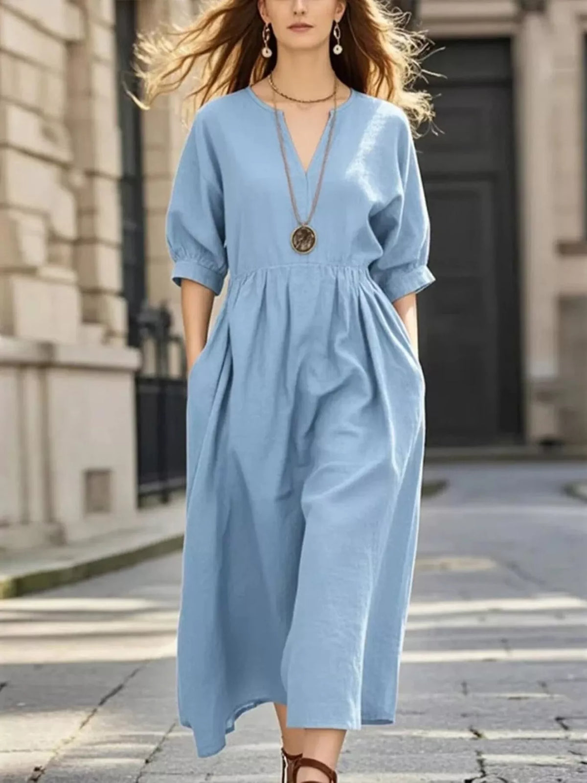 half sleeve midi dress Notched Light Blue / XL Size:12M YGroup_carlee-rib-long-sleeve-mini-dress Fitted Stretch Lush Knit Maxi Dress