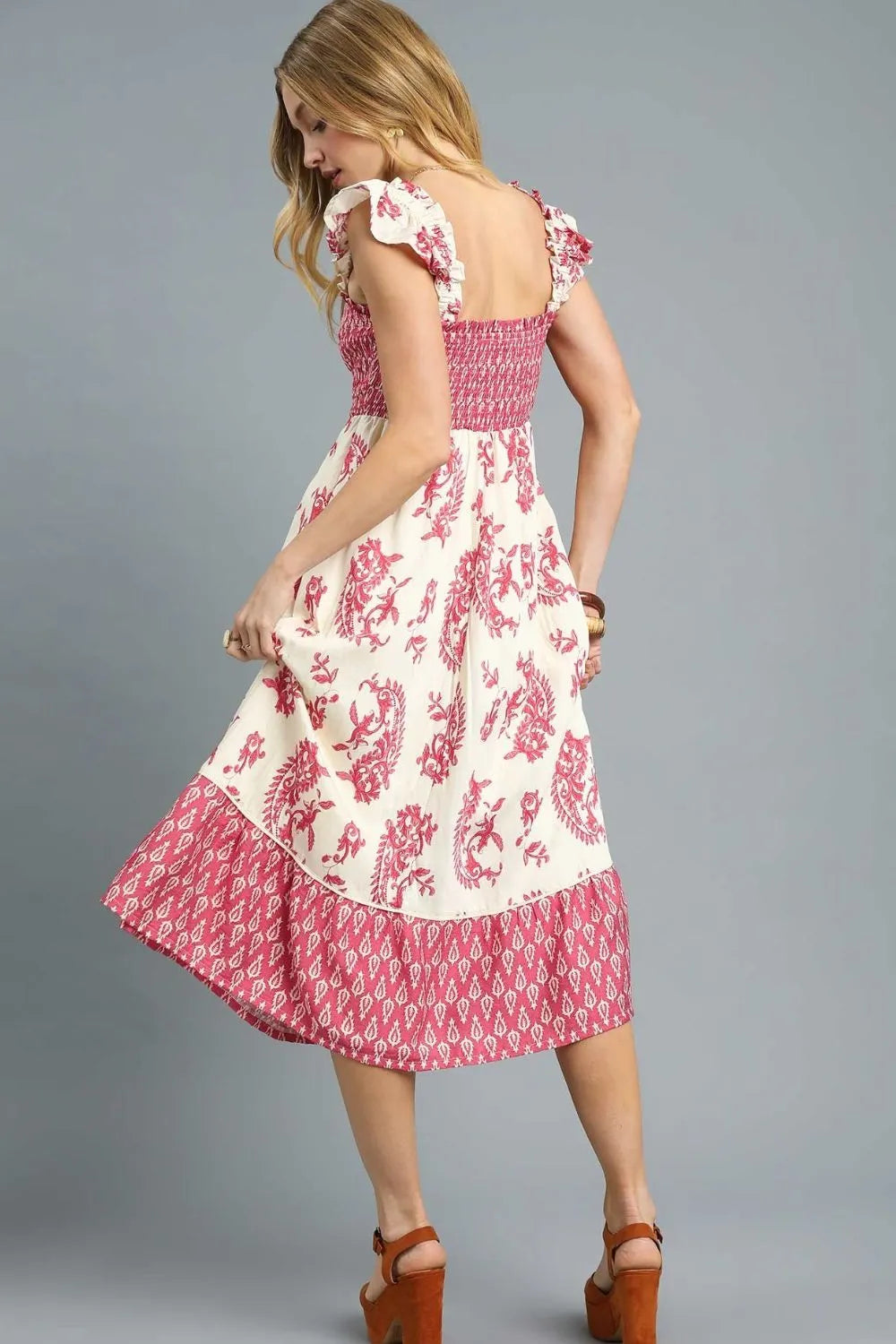 girls smocked midi dress Umgee Printed Smocked Midi Dress with Ruffle Details – Charming Charlie