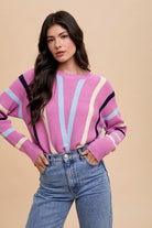 Annie Wear Chevron Stripe Round Neck Ribbed Sweater - Charming Charlie