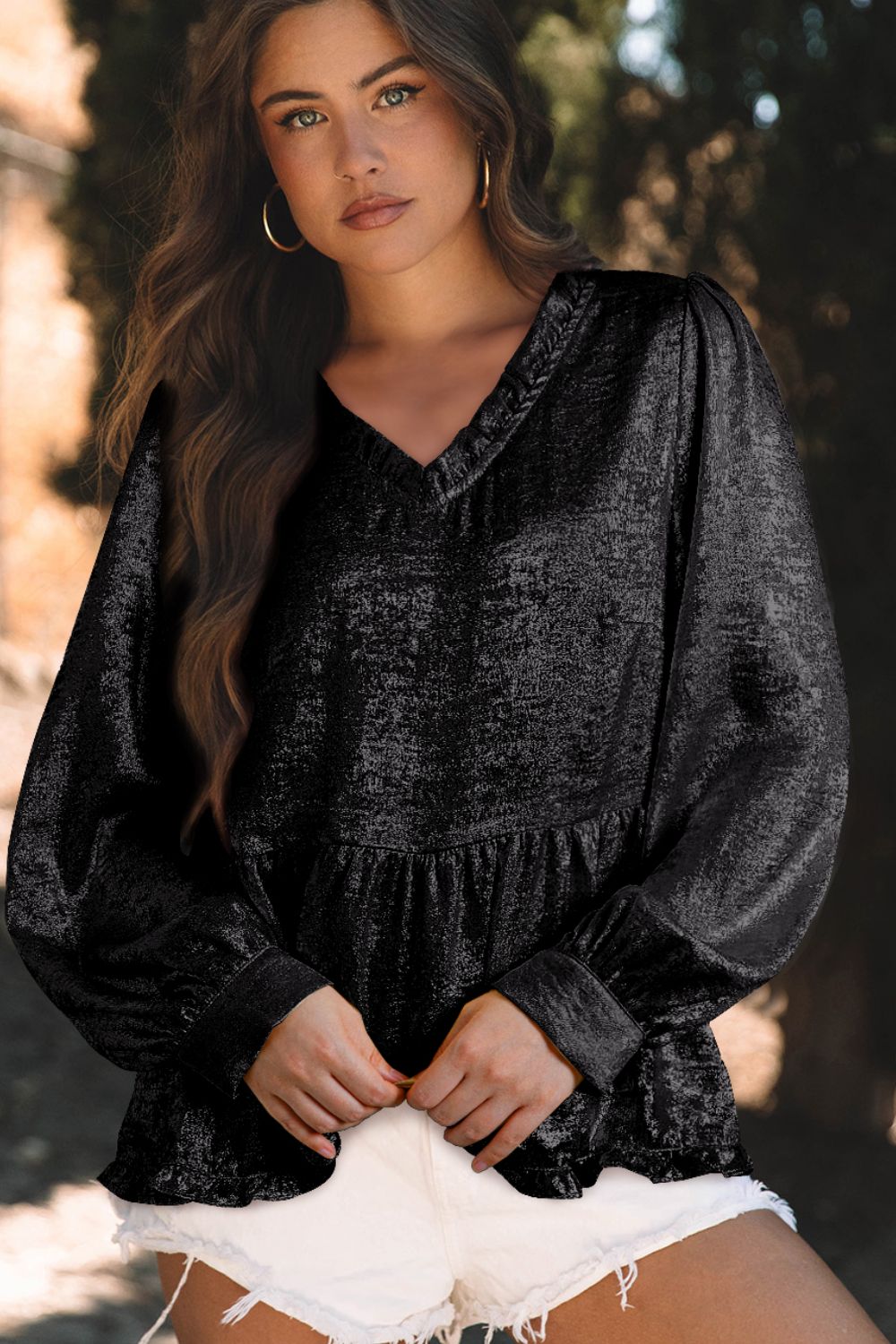 Frill Peplum V-Neck Long Sleeve Blouse - Charming Charlie