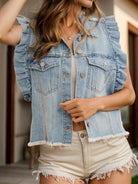 Raw Hem Ruffled Cap Sleeve Denim Jacket - Charming Charlie