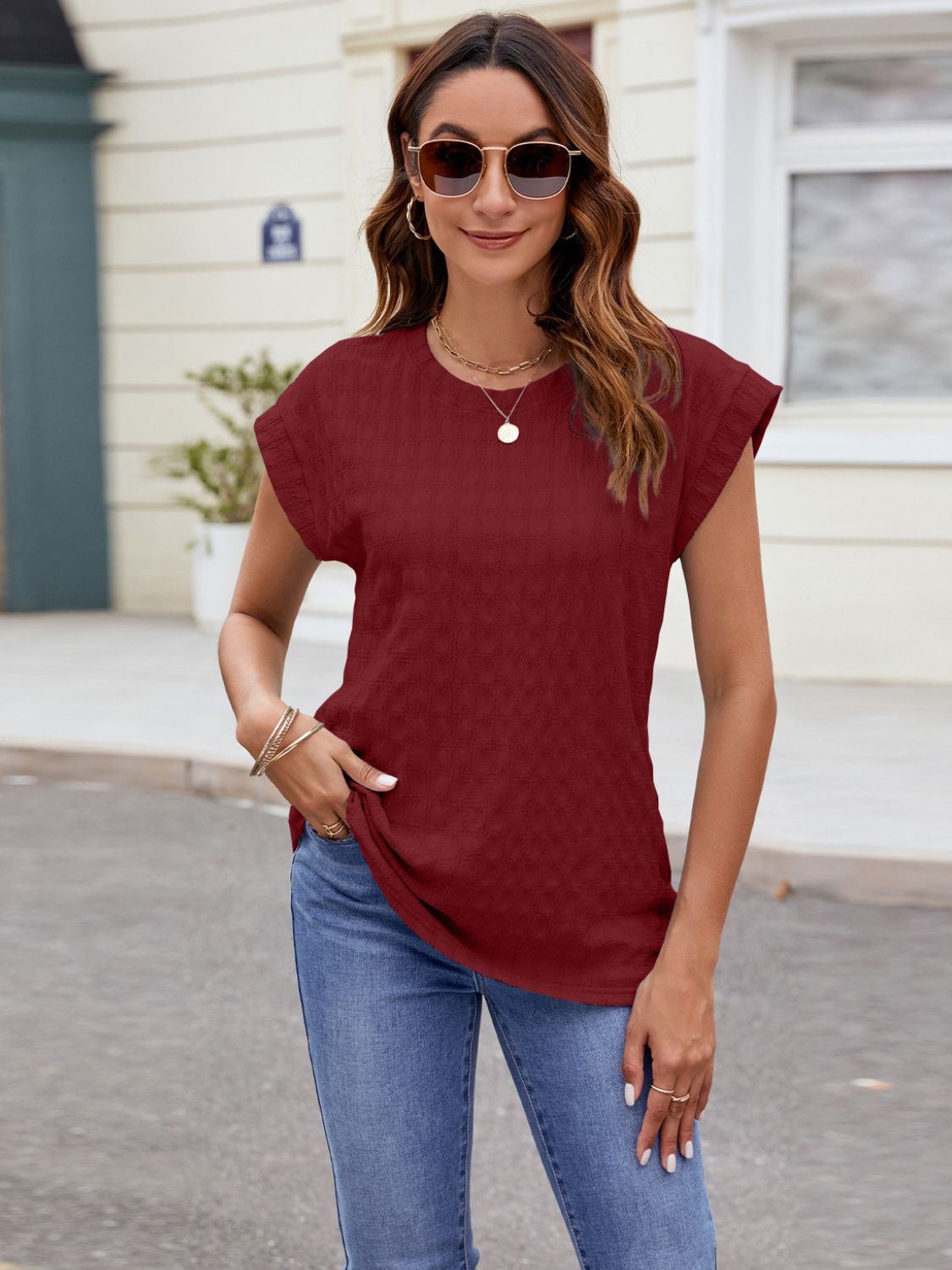 Textured Round Neck Cap Sleeve T-Shirt - Charming Charlie