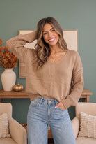 Cozy Caramel V-Neck Sweater with Crochet Sleeves - Charming Charlie