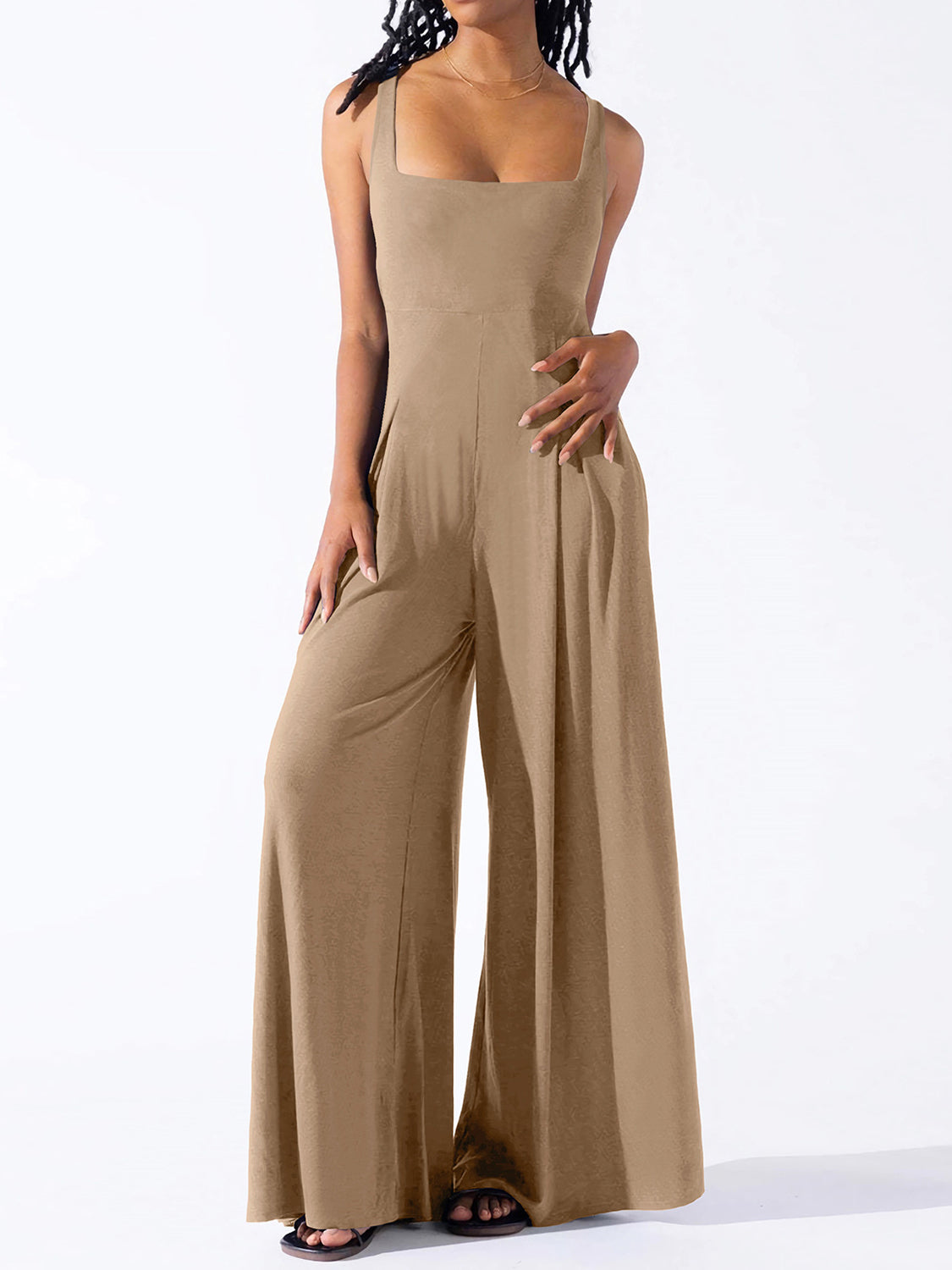 Square Neck Wide Strap Jumpsuit - Charming Charlie