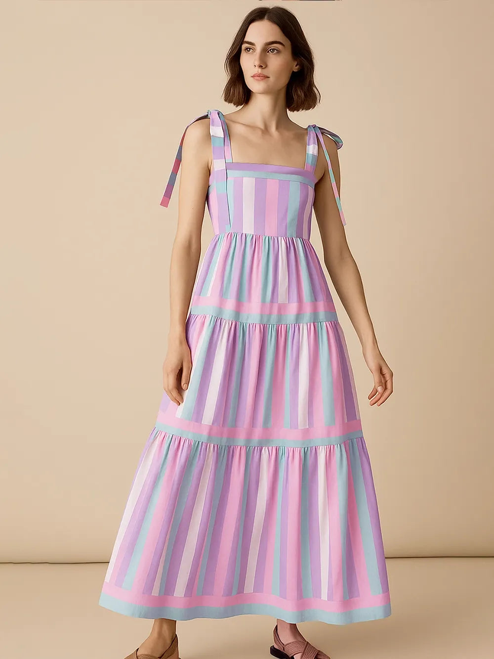 Striped Tiered Maxi Summer Dress with Bow Shoulder Ties Charming Charlie Striped Tiered Maxi Summer Dress with Bow Shoulder Ties Charming Charlie