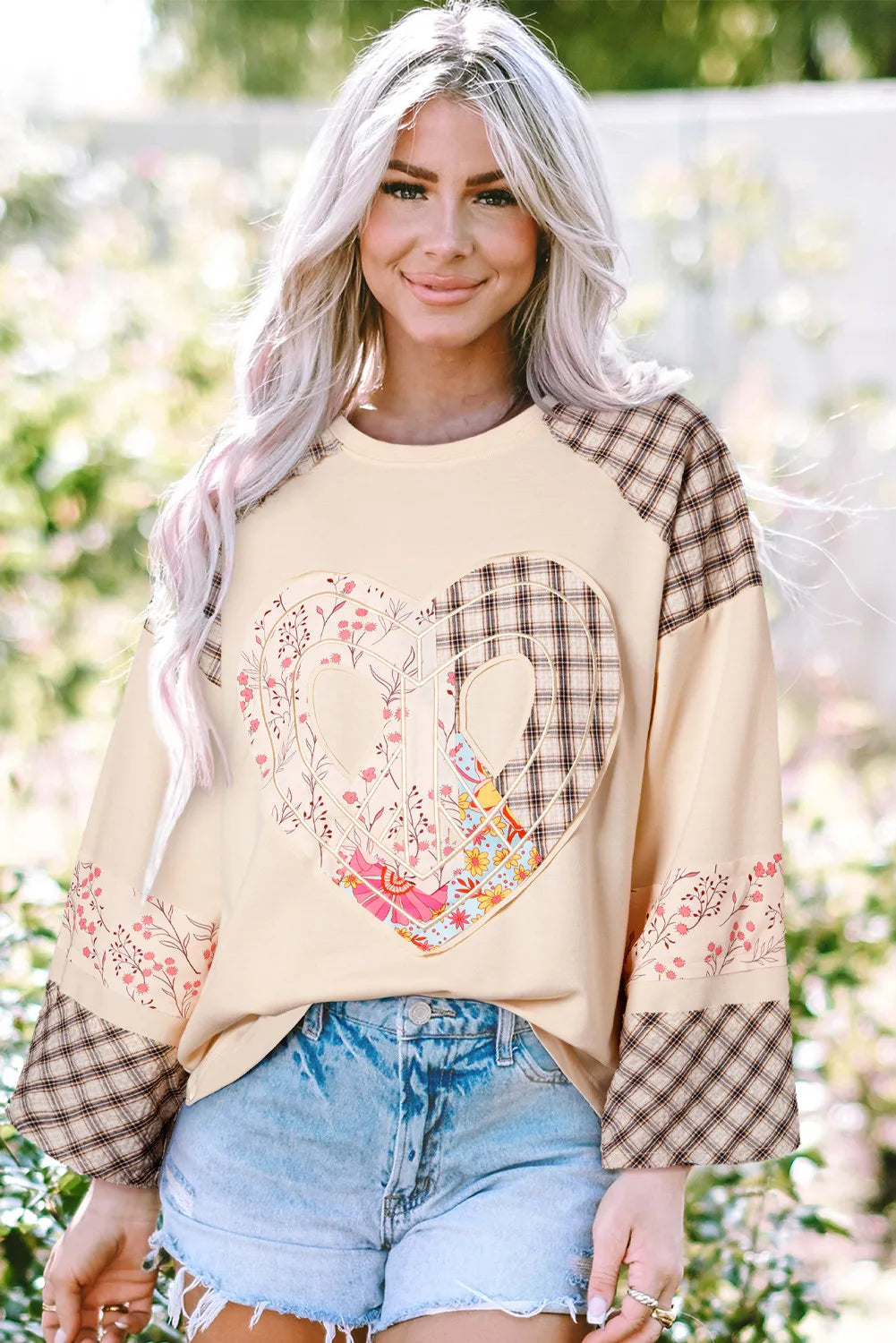 Heart Plaid Round Neck Long Sleeve Blouse - Charming Charlie