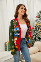 Nutcracker Contrast V-Neck Long Sleeve Cardigan - Charming Charlie