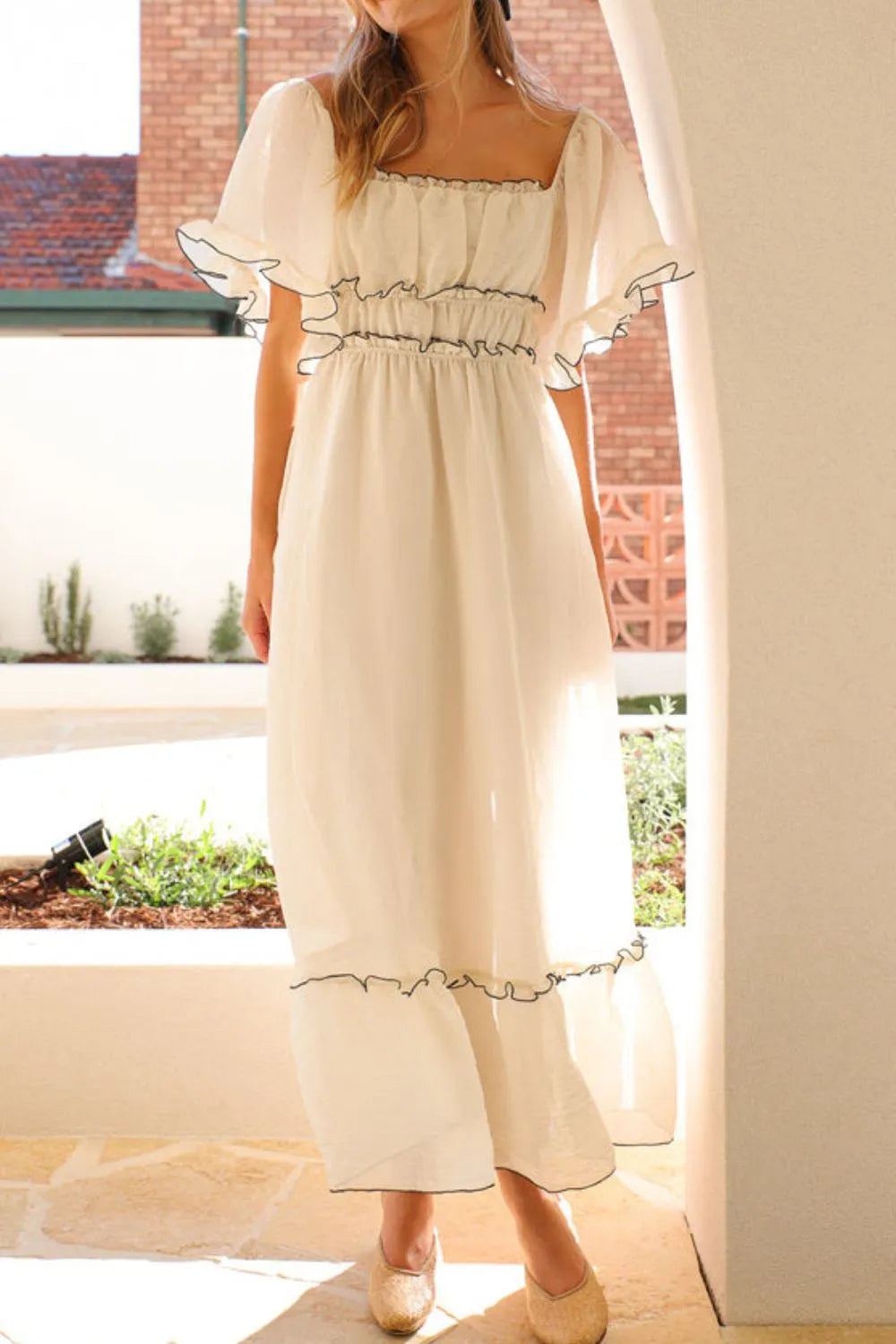 white dress short sleeve midi Square Neck Short Sleeve Midi Dress White / XL