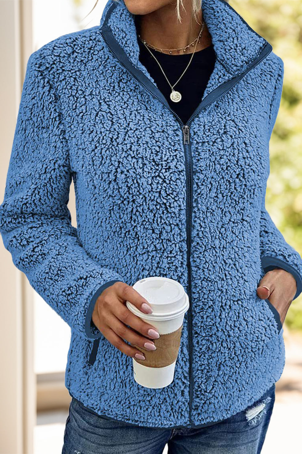 Drawstring Turtleneck Zip Up Long Sleeve Jacket