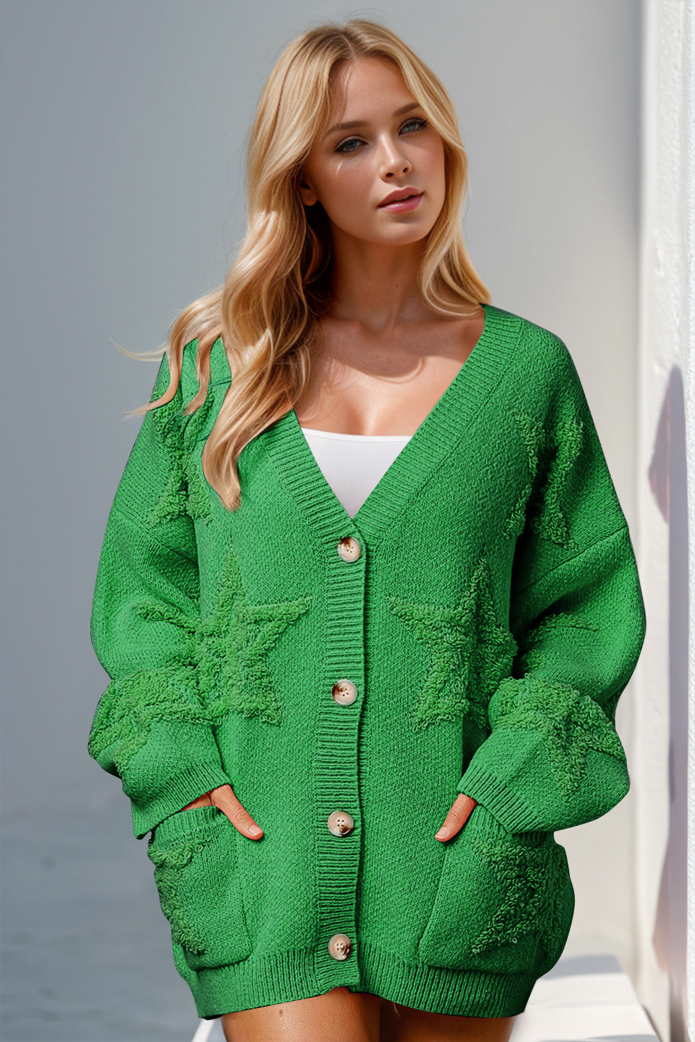 Double Take Full Size Button Up Star Pattern Cardigan - Charming Charlie
