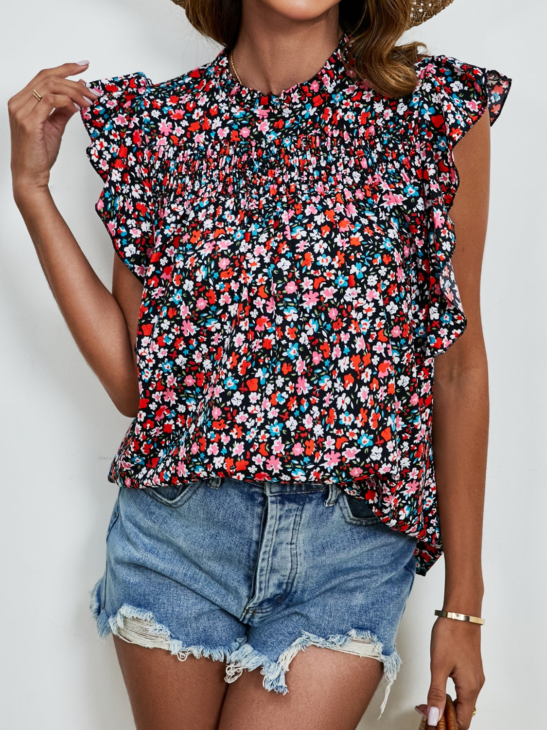 Ruffled Ditsy Floral Mock Neck Cap Sleeve Blouse - Charming Charlie