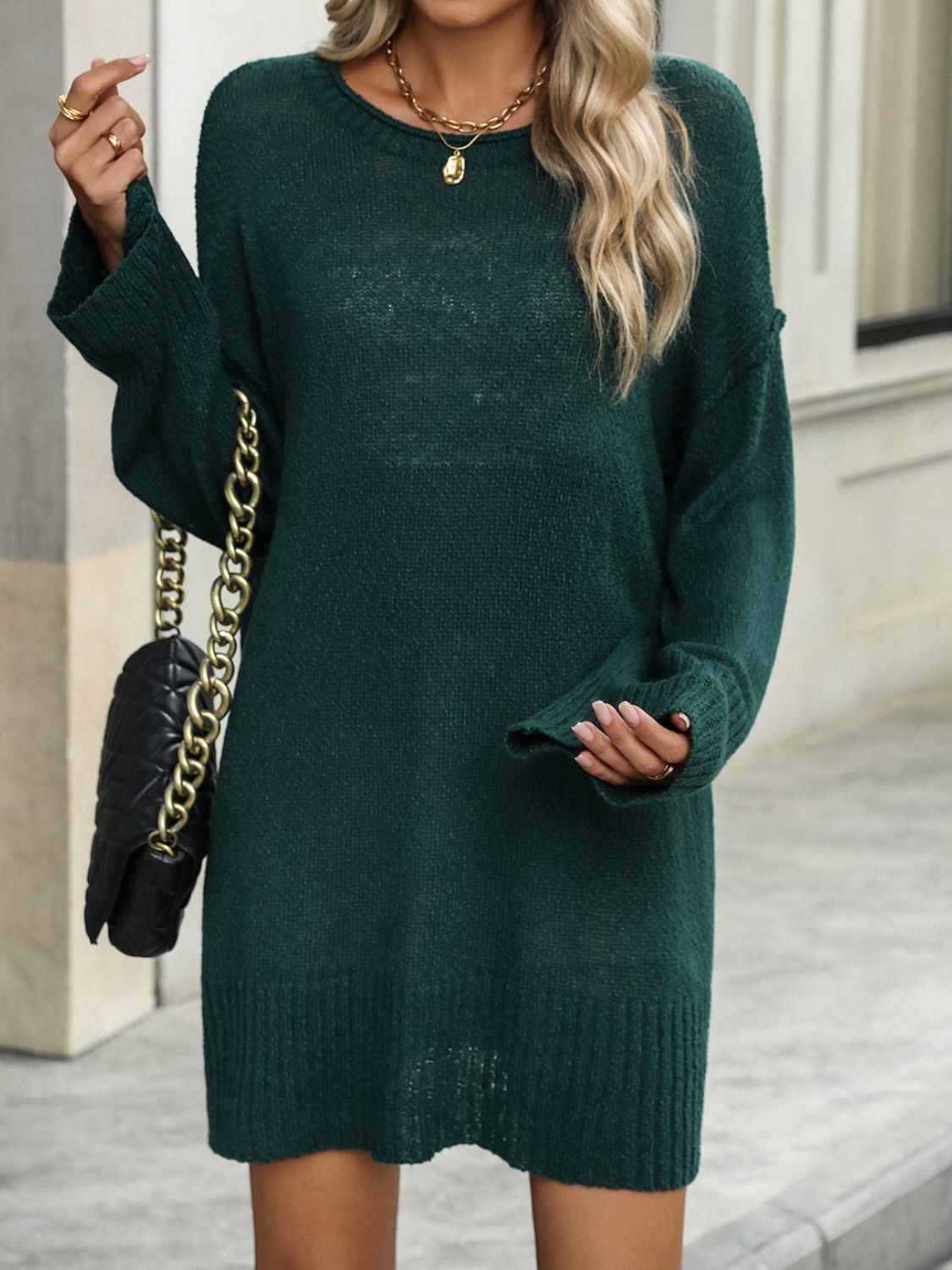 Round Neck Dropped Shoulder Sweater - Charming Charlie