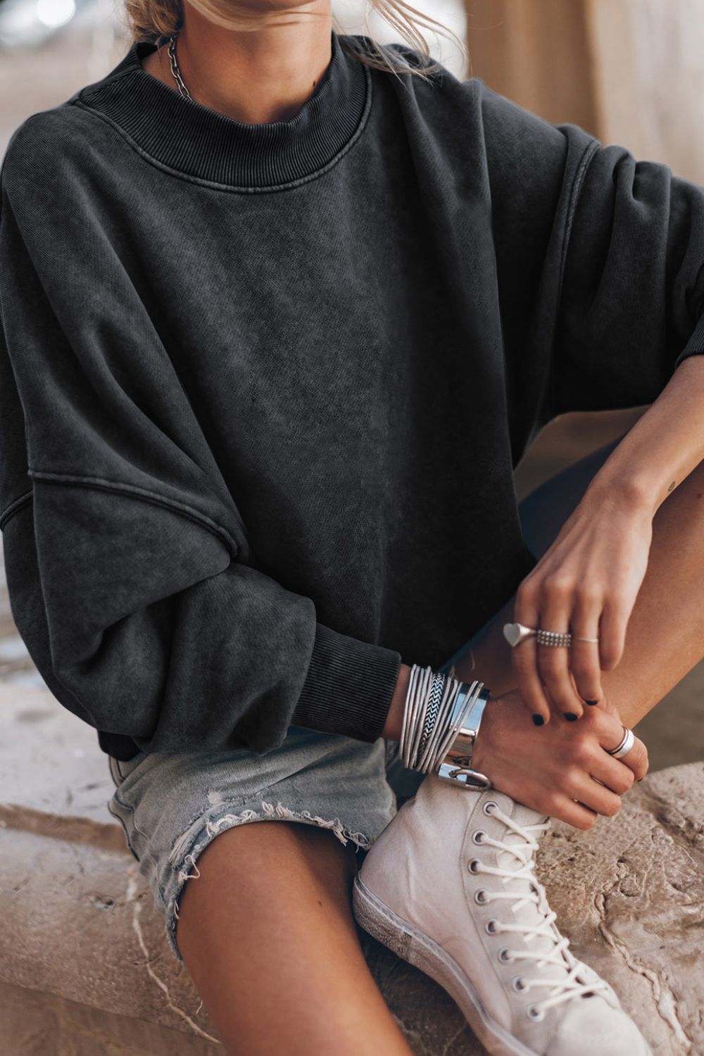 Mock Neck Dropped Shoulder Sweatshirt - Charming Charlie