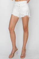 RISEN Button Fly Frayed Hem Denim Shorts - Charming Charlie