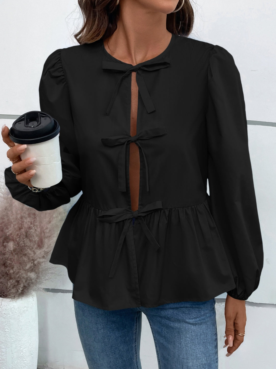 Peplum Tied Long Sleeve Blouse - Charming Charlie