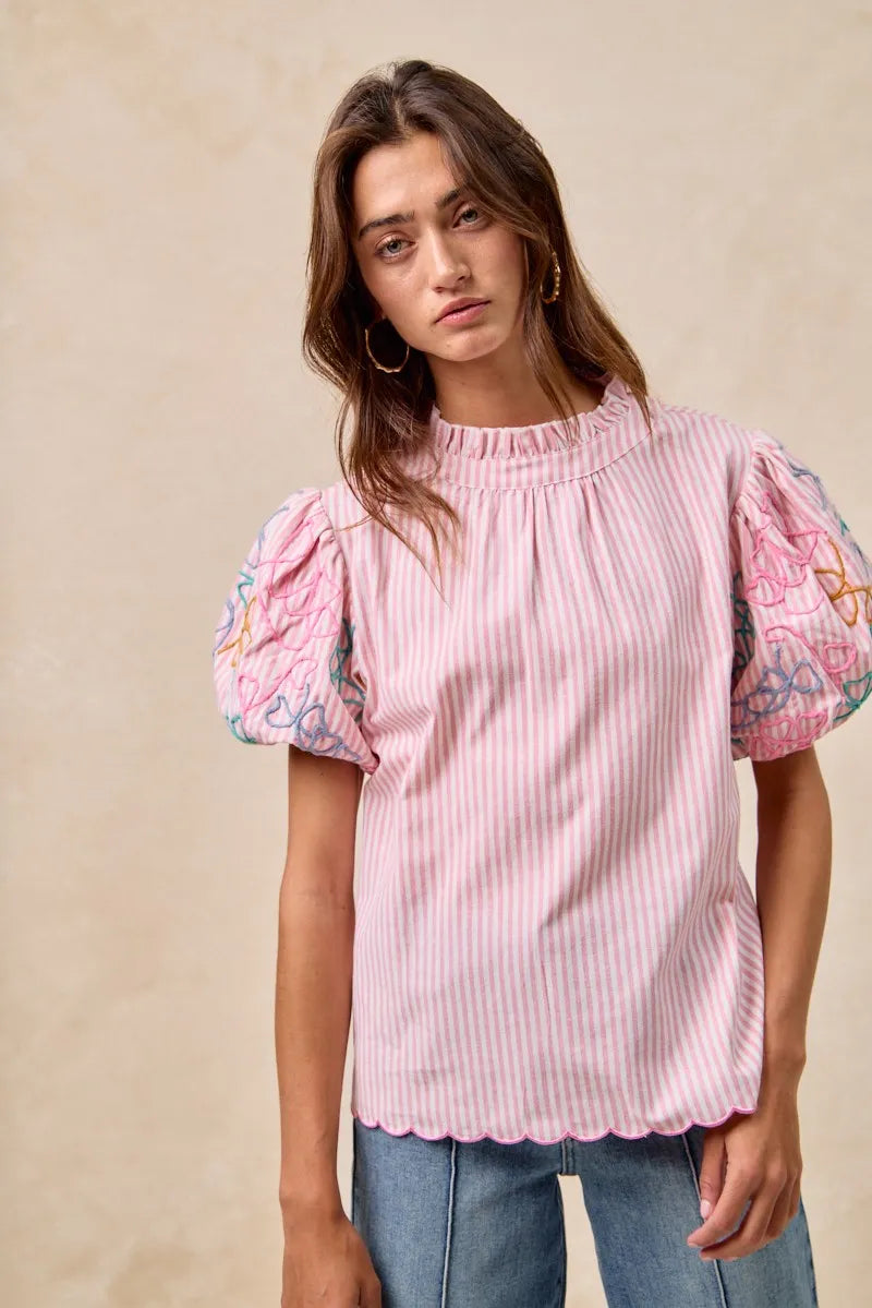 BiBi Flowy Woven V-Neck Top with Rolled Up Cuffs