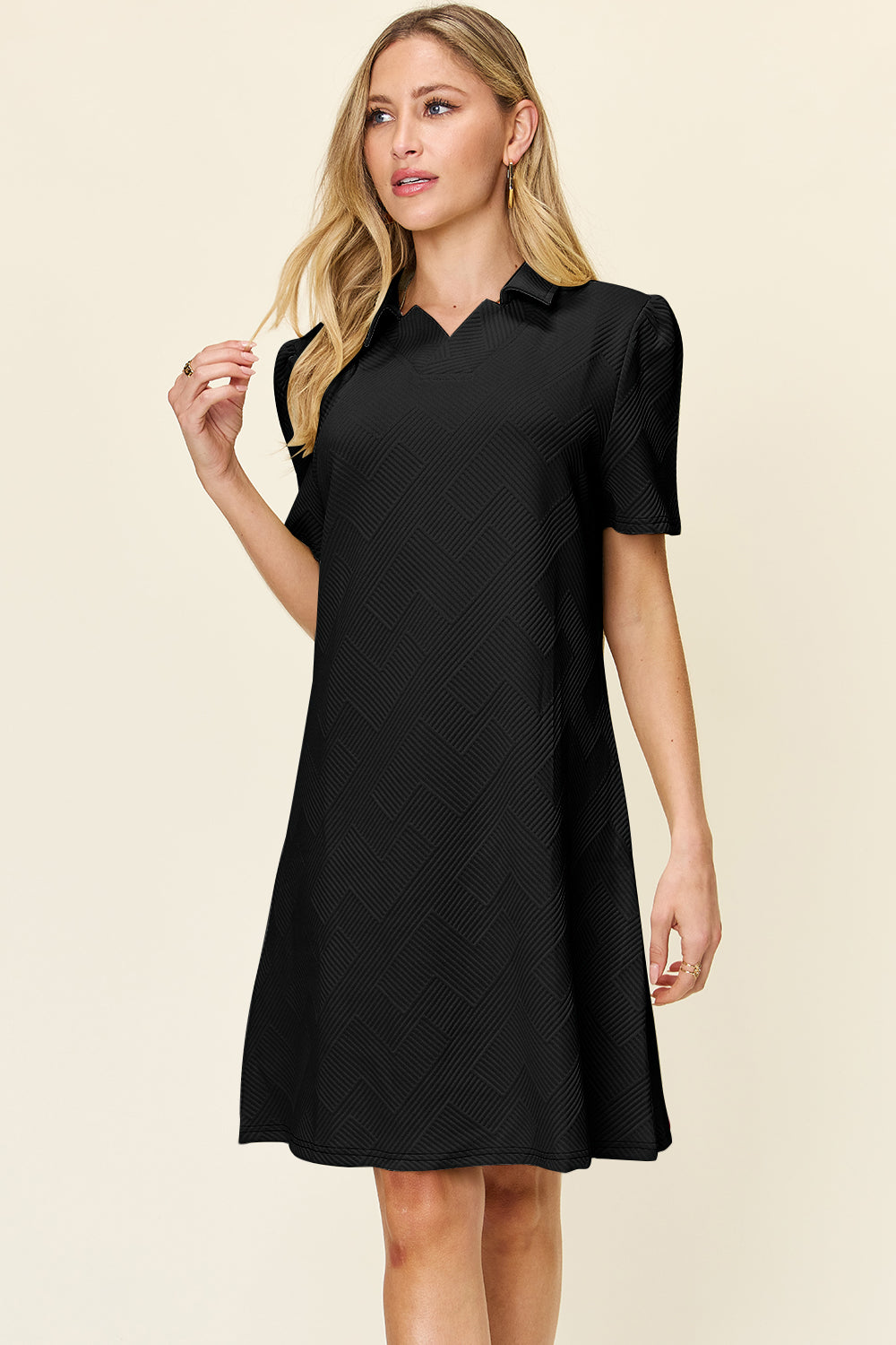 Double Take Full Size Texture Collared Neck Short Sleeve Dress - Charming Charlie