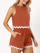 Contrast Trim Round Neck Top and Shorts Set - Charming Charlie