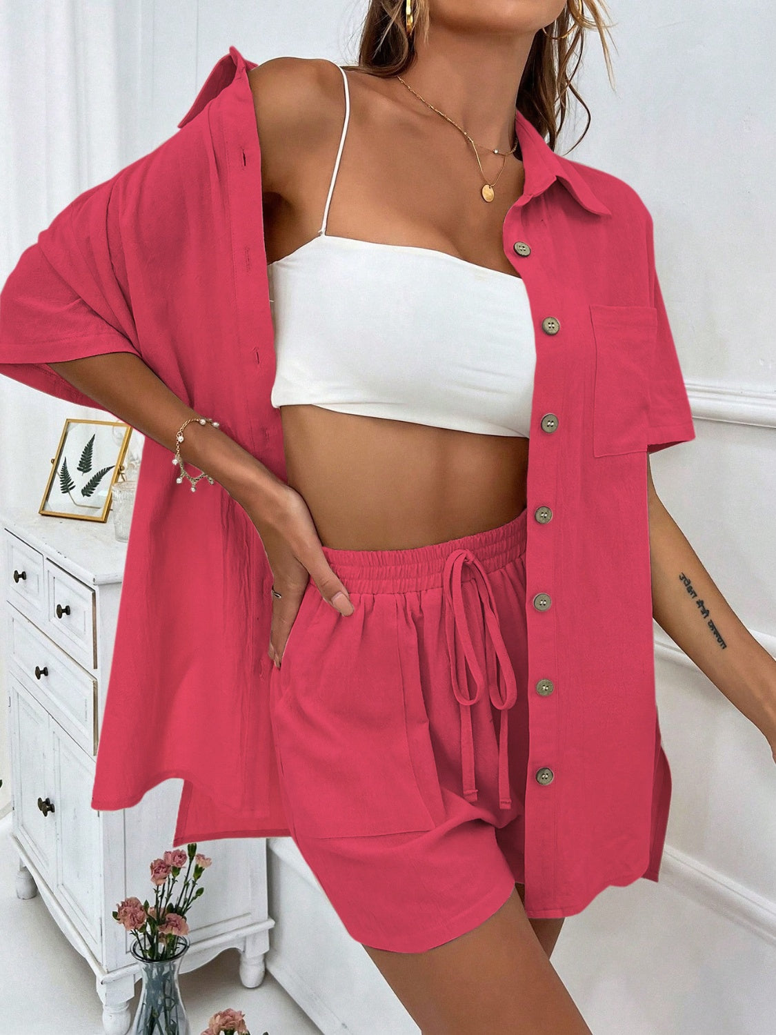 Button Up Half Sleeve Top and Shorts Set - Charming Charlie