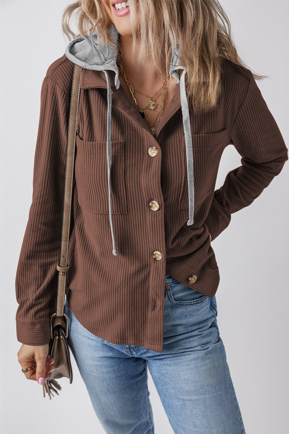Drawstring Button Up Long Sleeve Hooded Jacket - Charming Charlie