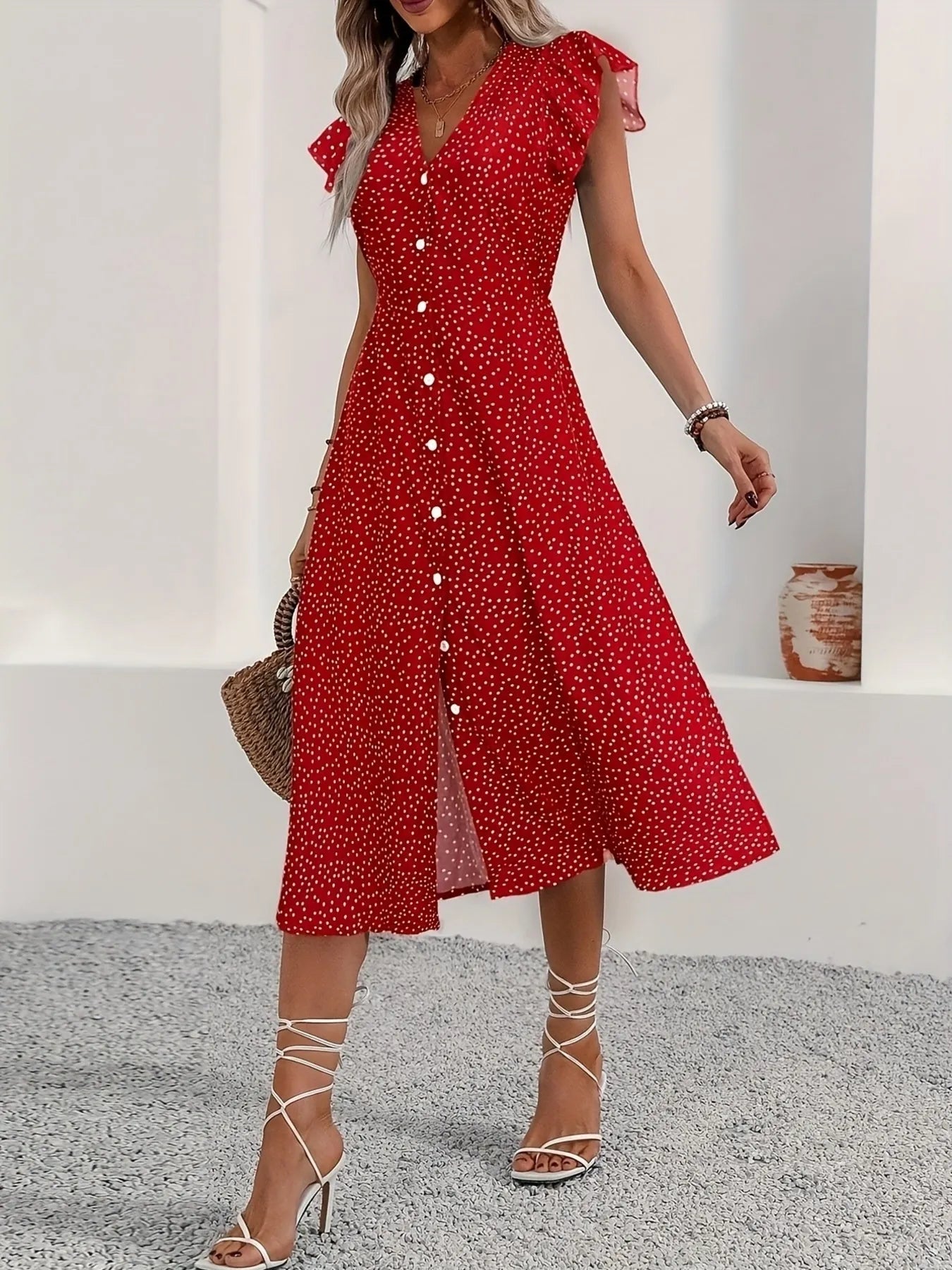 Button-Front Midi Dress with Ruffle Sleeves – Charming Charlie