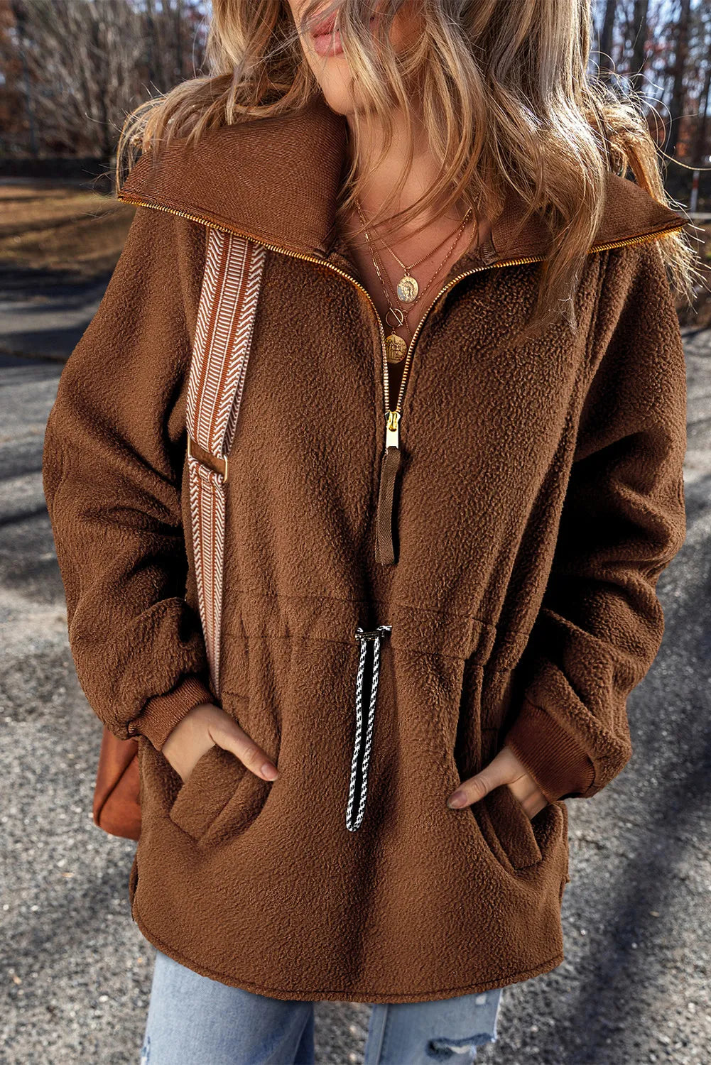 Drawstring Half Zip Long Sleeve Sweatshirt - Charming Charlie