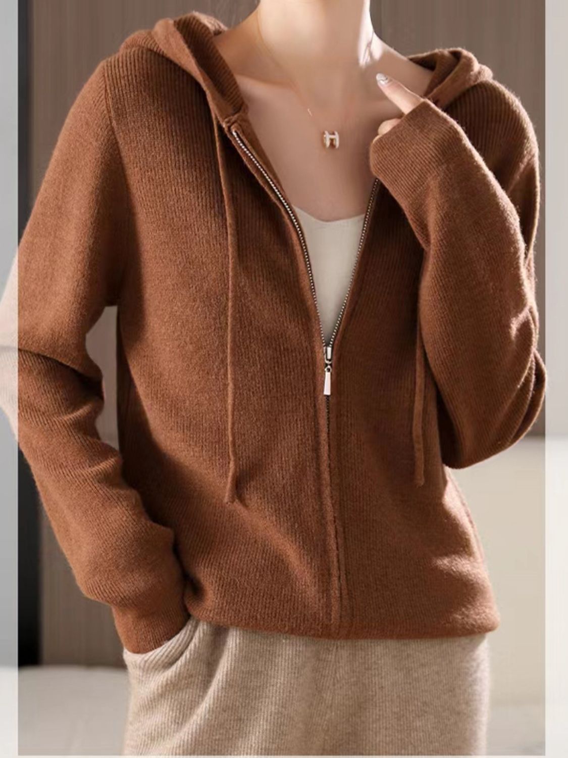 Drawstring Zip Up Long Sleeve Hooded Sweater - Charming Charlie