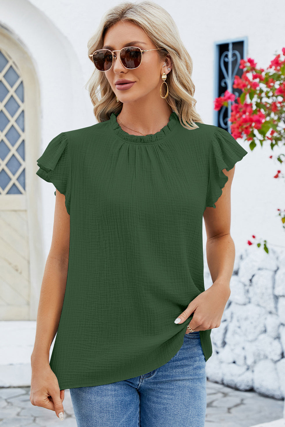 Studded Flower Round Neck Cap Sleeve Blouse main image 0