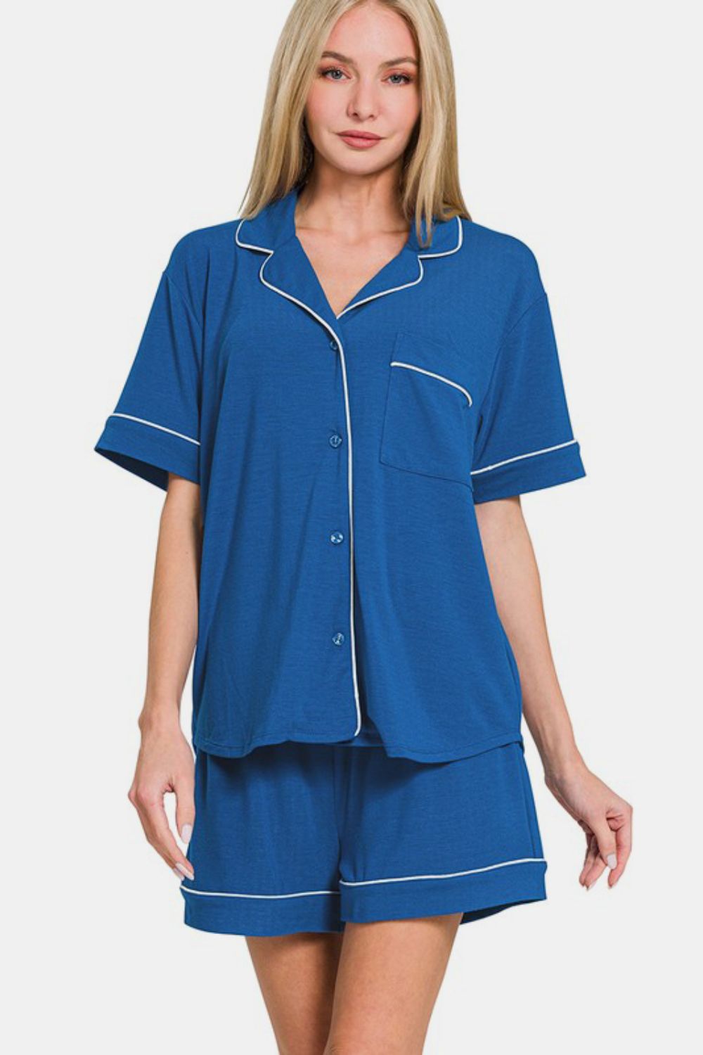 Zenana Button Down Short Sleeve Top and Shorts Lounge Set - Charming Charlie